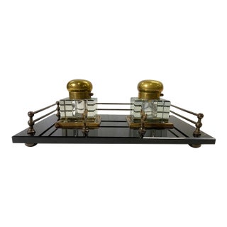 Antique Crystal and Brass Double Inkwells With Footed Base For Sale