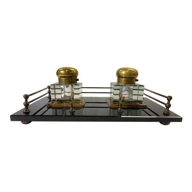 Antique Crystal and Brass Double Inkwells With Footed Base For Sale