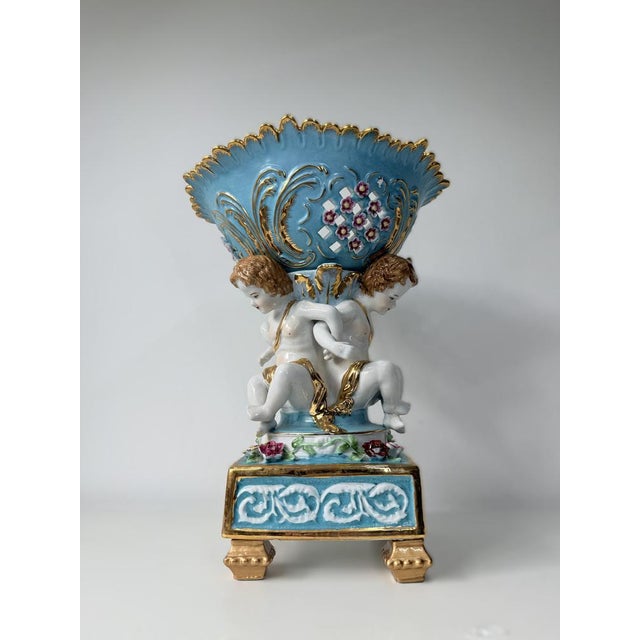 Ceramic Large Antique Dresden Compote with Cherubs & Scalloped Floral Bowl by Karl Richard Klemm, 1890s-1910s For Sale - Image 7 of 11