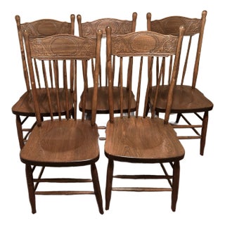 Mid 20th Century Press Back Oak Dining Chairs- Set of 5 For Sale