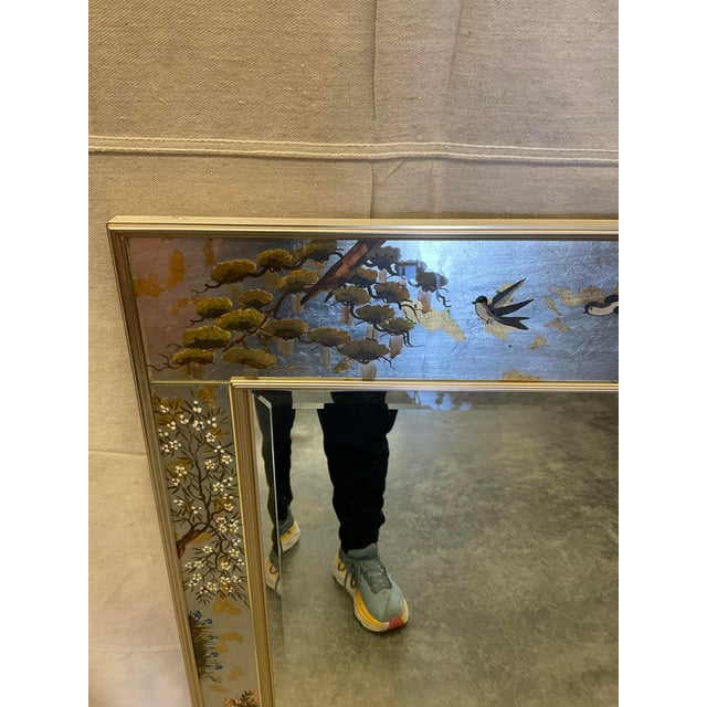 La Barge 1980s La Barge Asian Chinoiserie Silver Leaf Hand-Painted Mirror For Sale - Image 4 of 10