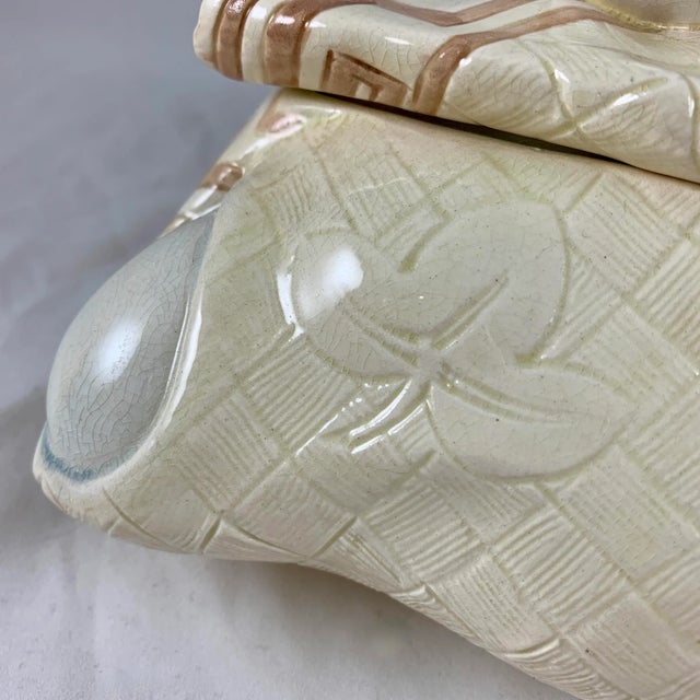 Ceramic Sarreguemines Majolica Trompe L’Oeil Greek Key Napkin Egg Box Pâté Terrine For Sale - Image 7 of 13