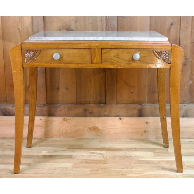 Very pretty dressing table who can also be a carved wooden console is made up of two drawers engraved with plant patterns....