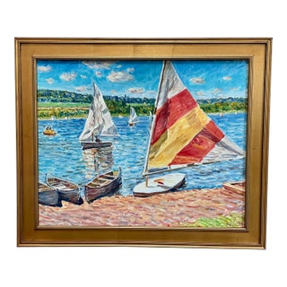 Late 20th Century Edmund Jordan Windy Day Sailboats Oil Painting Coastal Landscape in Gold Frame For Sale