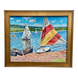 Late 20th Century Edmund Jordan Windy Day Sailboats Oil Painting Coastal Landscape in Gold Frame
