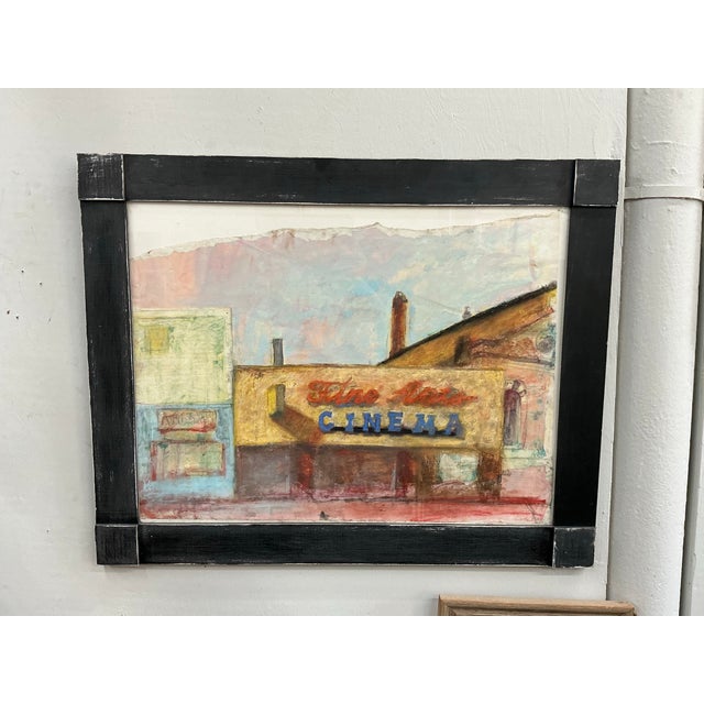 Great vintage mixed media (paint, pastel, pencil, elements of collage) on paper. Small American town abandoned cinema with...