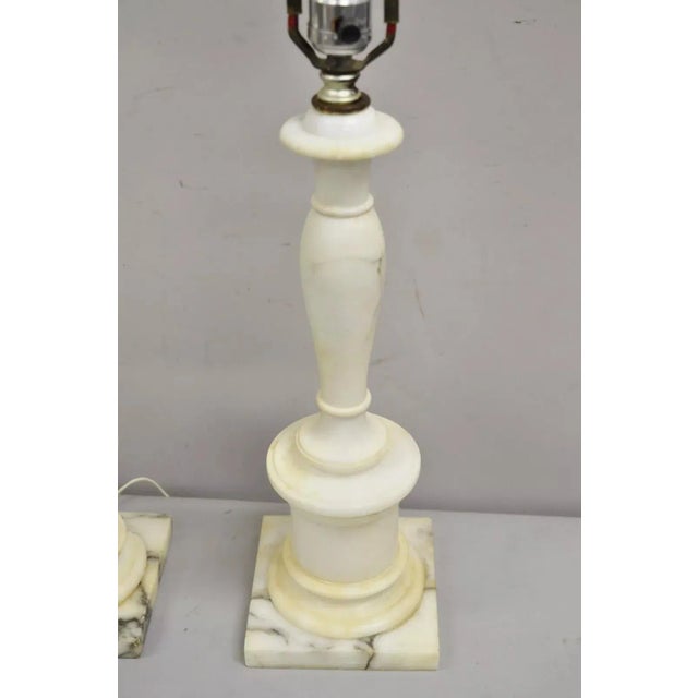 Vintage Italian Classical Carved White Marble Column Table Lamps - A Pair For Sale - Image 4 of 13
