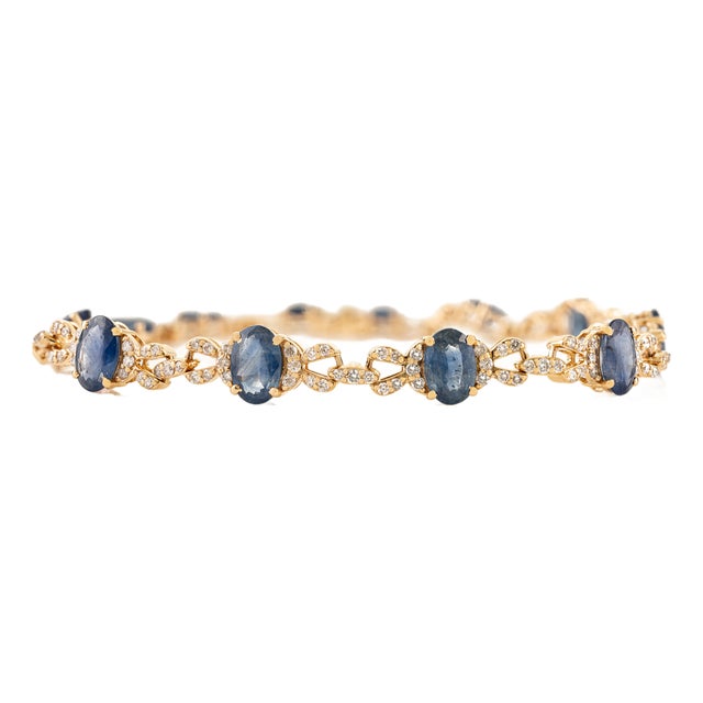 6.54Ct Oval Cut Blue Sapphire & Diamond Vintage 14k Gold Link Bracelet For Sale