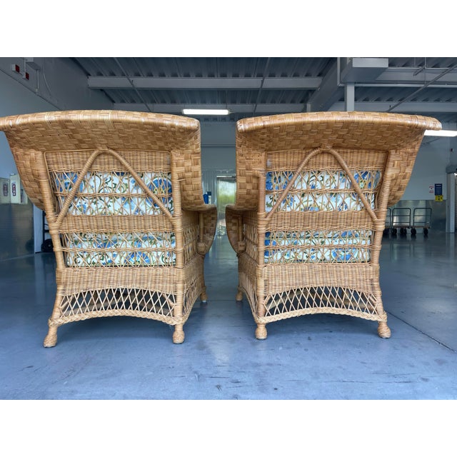 Vintage Henry Link for Lexington Woven Rattan and Wicker Lounge Armchairs With Floral Upholstery | Pair For Sale In Naples, FL - Image 6 of 14