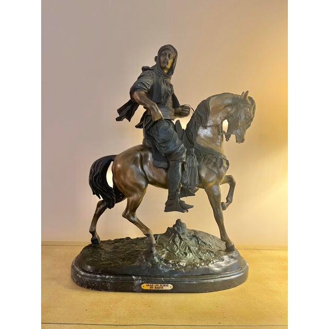 Vintage Bronze Figure of Horse & Rider “Cavalier Arabe” on Marble Signed Bayre For Sale - Image 9 of 11