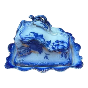 Antique Blue & White Cheese Plate With Cover