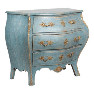 Early 20th Century Blue Painted Bombay Commode Chest of Three Drawers, Sweden For Sale