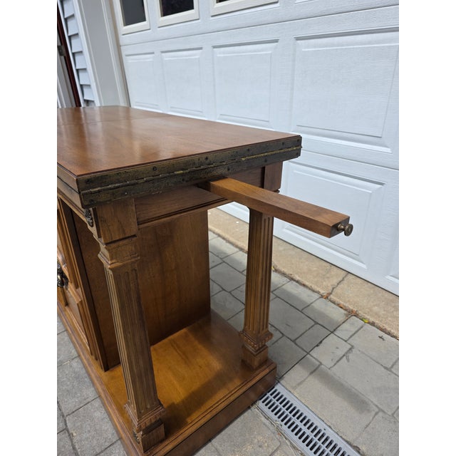 1960s Vintage Thomasville Lion’s Head Walnut Hardwood Credenza / Buffet / Serving / Server Table With Flip Top on Wheels For Sale - Image 9 of 17