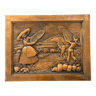 Vintage Brazilian Metal Relief Farm Workers Wall Art For Sale
