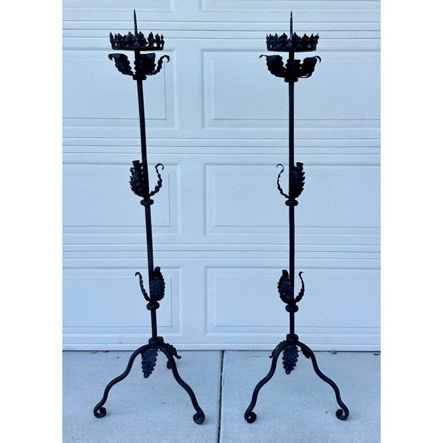 Mid 20th Century Spanish Forged Iron Floor Candlesticks, Torchieres 5 Ft Tall - Pair For Sale - Image 10 of 16