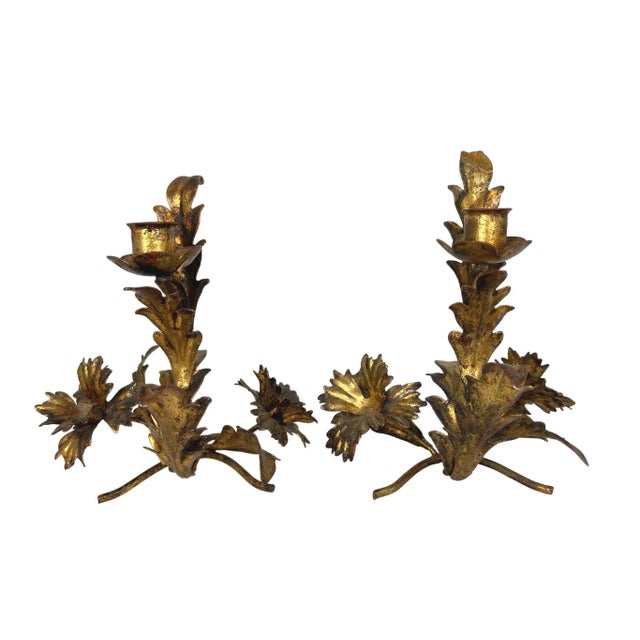 1950's Italian tole candle holders with gold gilt finish. Made in Italy. Minimal age wear.