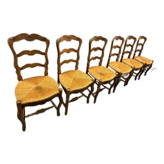 Antique French Carved Ladder‑Back Rush Seat Chairs – Set of 6 For Sale