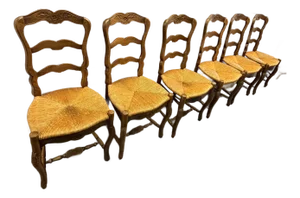 Antique French Carved Ladder‑Back Rush Seat Chairs – Set of 6