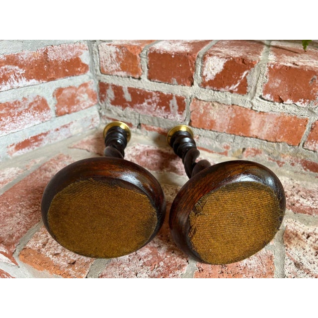 Pair Set Antique English Oak Open Barley Twist Candlesticks Candle Holder Brass For Sale - Image 12 of 12