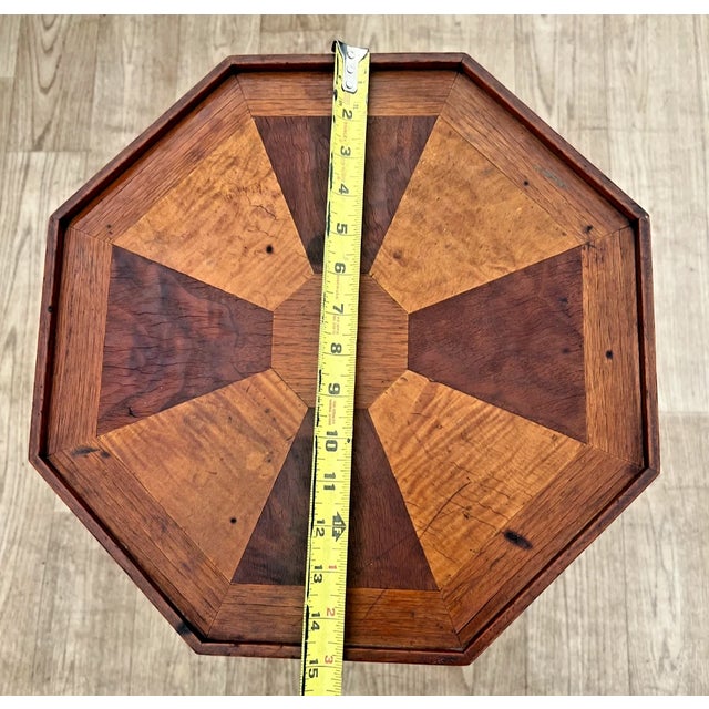 Antique Inlaid Octagonal Wood Accent Table Geometric Iron Cross Marquetry Top For Sale - Image 10 of 11