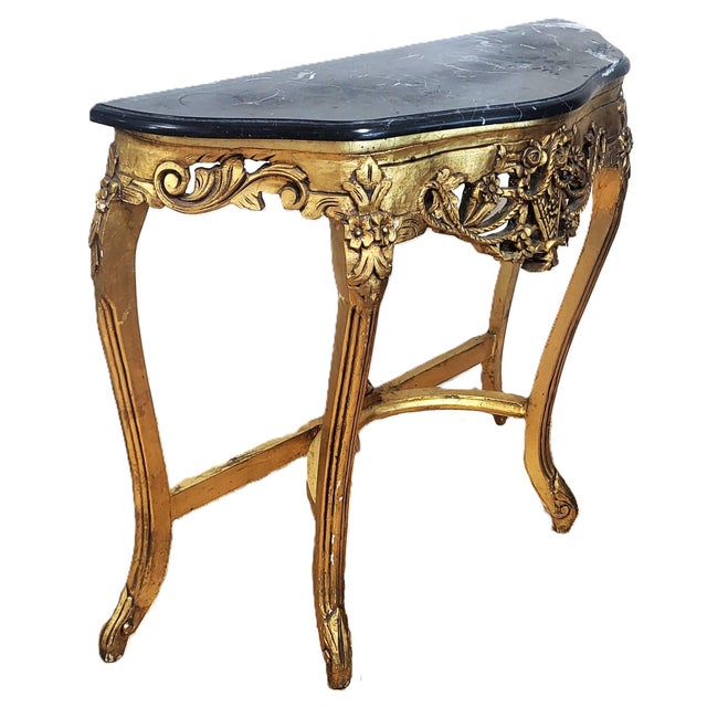 Rococo Vintage Rococo French Style 20th C Gilt Carved Wood Marble Console Table & Mirror For Sale - Image 3 of 15