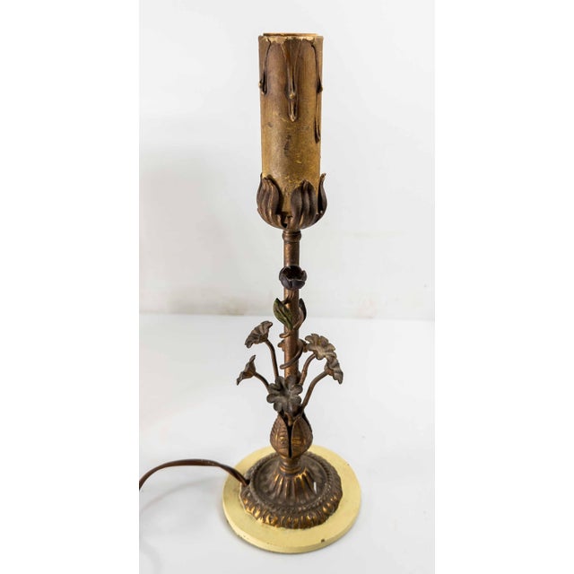 Brown 20th Century Italian Floral Tole Ware Style Metal Boudoir Table Lamp With Distressed Shade For Sale - Image 8 of 12