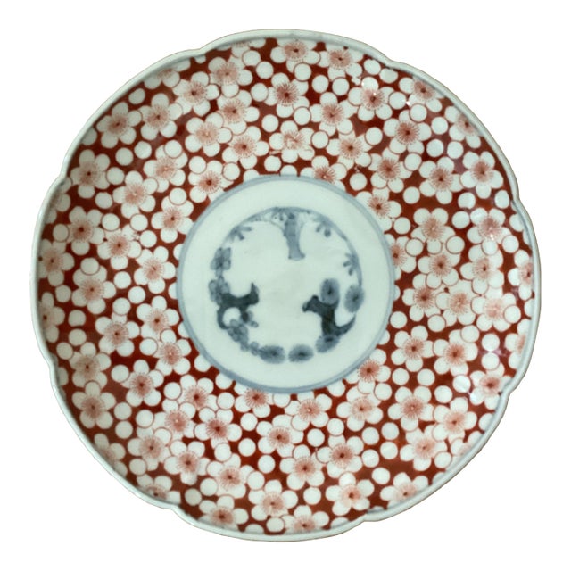 Antique Large Imari Scalloped Porcelain Polychrome Plate With Cherry Blossoms Flowers For Sale