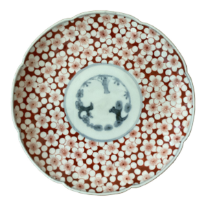 Antique Large Imari Scalloped Porcelain Polychrome Plate With Cherry Blossoms Flowers