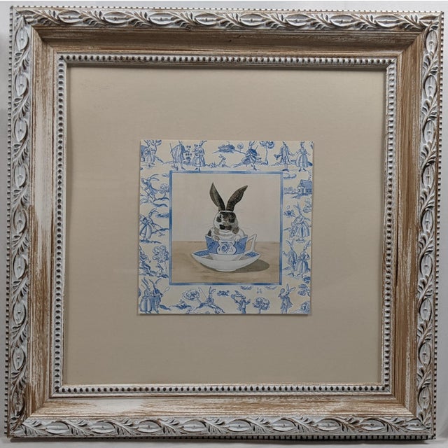Late 20th Century Kari Phillips Teacup Bunny Series Framed Prints, White, Blue & Light Brown – Pair For Sale - Image 4 of 13