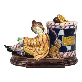 A Sarreguemines Majolica Smoking Stand, Drunk Street Musician and Dog, Ca. 1880 For Sale