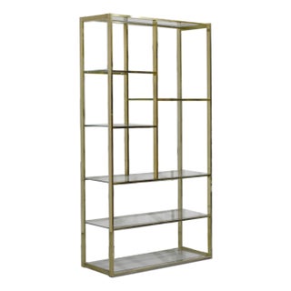 Mid Century Milo Baughman Style Gold Chrome Glass Etagere Shelving Unit For Sale