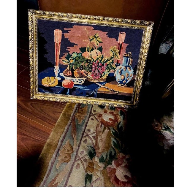 French Tapestry. Vintage French Tapestry Framed Needlepoint With Beading For Sale - Image 9 of 12