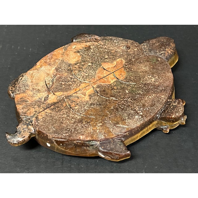 Chinese Art Carved Tiger Eye Stone Turtle Sculpture on Wooden Display Stand For Sale - Image 11 of 11