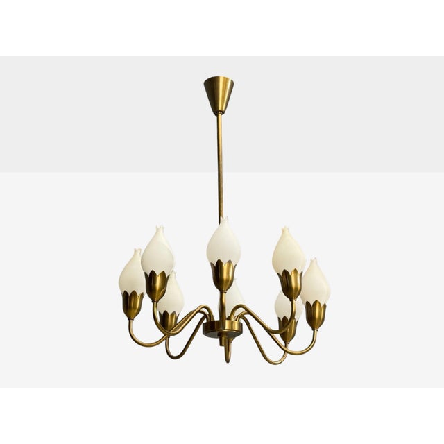1950s Mid-Century Modern Fog & Mørup, Tulip Chandelier, Opal Glass, Brass For Sale In New York - Image 6 of 12