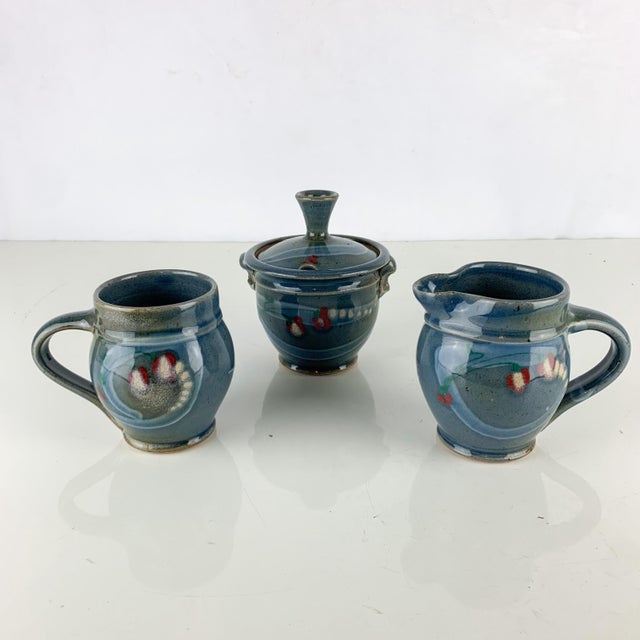 Vintage Abstract Studio Pottery Mug Sugar / Honey Creamer Set Signed Blue Green For Sale - Image 12 of 12