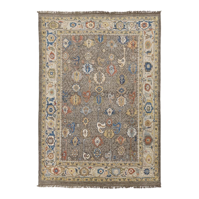 Modern Oushak Style Hand-Knotted Wool Rug in Taupe, Indigo, and Ochre Accents For Sale