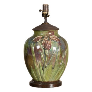 1920s Green Pottery Table Lamp with Raised Floral Motif on Wooden Base, Wired For Sale