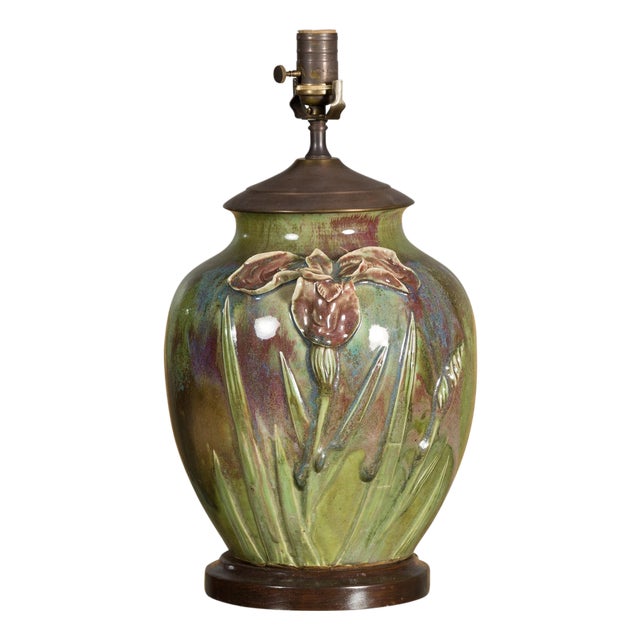 1920s Green Pottery Table Lamp with Raised Floral Motif on Wooden Base, Wired For Sale