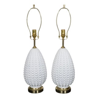 Pair of white molded glass table lamps For Sale