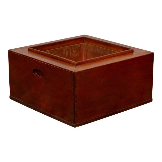 Japanese 19th Century Keyaki Wood Rectangular Hibachi with Copper Liner For Sale