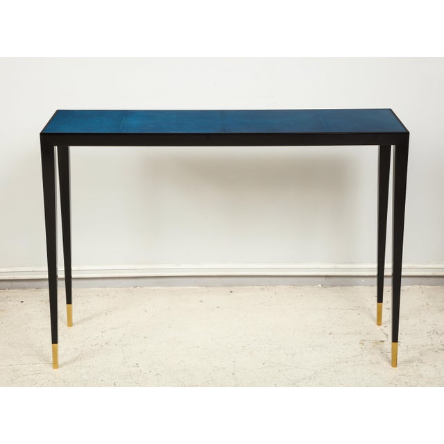 Contemporary Bespoke Ebonized Console With Blue Parchment Top For Sale - Image 3 of 9