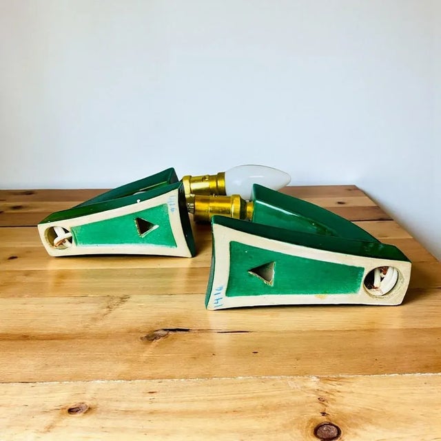 French Art Deco Green Ceramic Wall Sconces with Hand-Painted Half Shades, 1940s, Set of 2 For Sale - Image 14 of 16