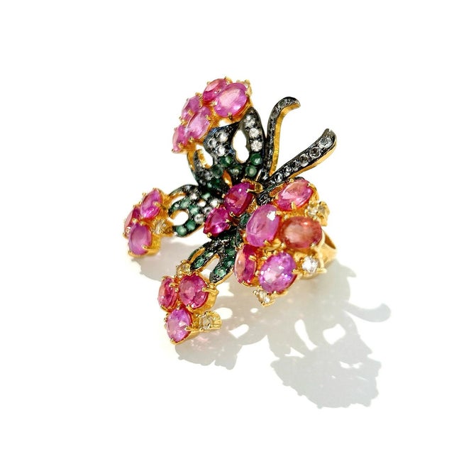 Bochic “Orient” Opal, Multi Sapphires & Ruby Ring Set in 18k Gold & Silver Size 5.5 For Sale - Image 4 of 5