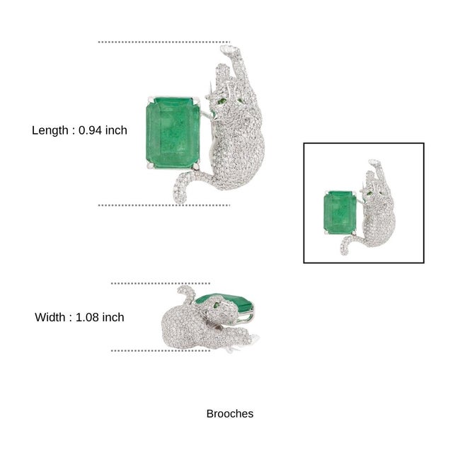 6.49ct Emerald & 1.67ct Diamond Art Deco Panther Brooch Pin in 18k White Gold For Sale - Image 13 of 16