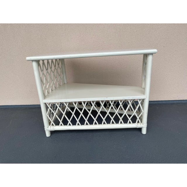 1950’s Henry Olko for Willow & Reed White Lattice Rattan Triangular Corner Table For Sale - Image 12 of 13