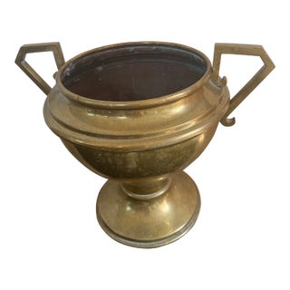 Vintage Neoclassical Solid Brass Pedestal Urn Planter With Geometric Handles For Sale