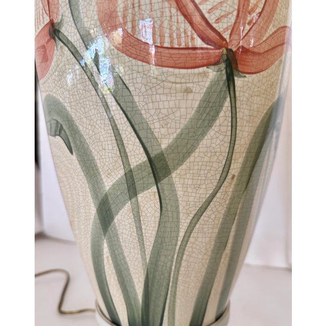 Beige Pair of Ceramic Table Lamps With Hand Painted Flowers & Crackle Finish on Metal Stands. For Sale - Image 8 of 9