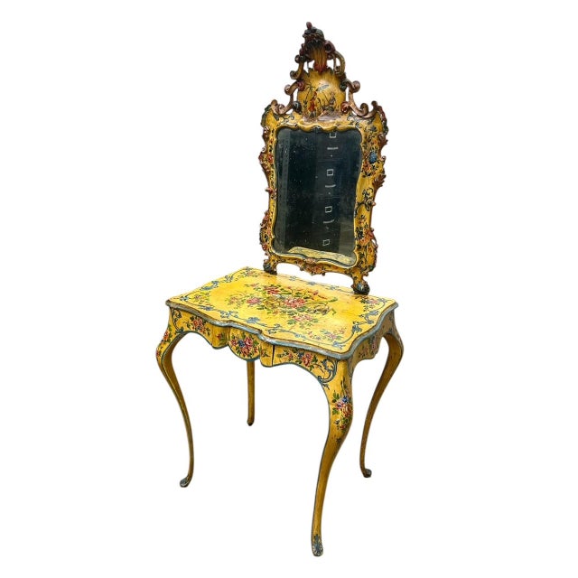 Early 20th Century 18th Century Style Venetian Yellow Ground & Floral Dressing Table W/Mirror, Early 20th Century For Sale - Image 5 of 7