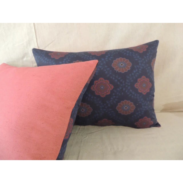 Textile Red and Blue Satin Cotton Modern Bolster Decorative Pillows From Portugal- A Pair For Sale - Image 7 of 8