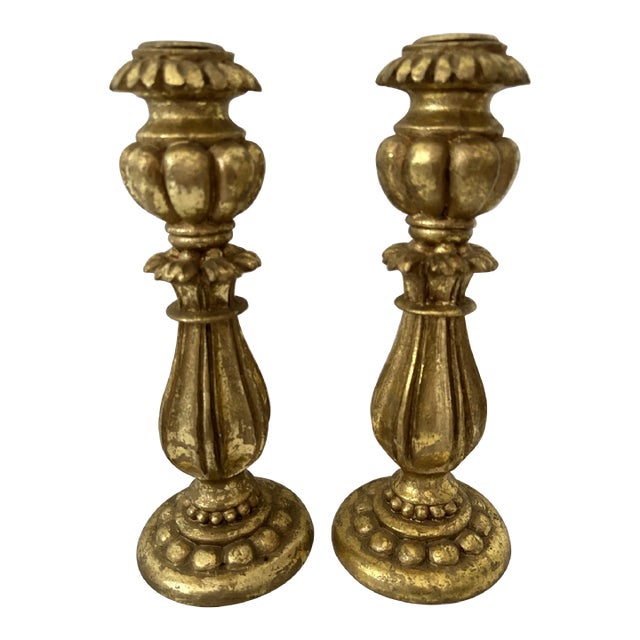 Vintage Mid 20th Century Gold Candle Holders Set of 2 For Sale